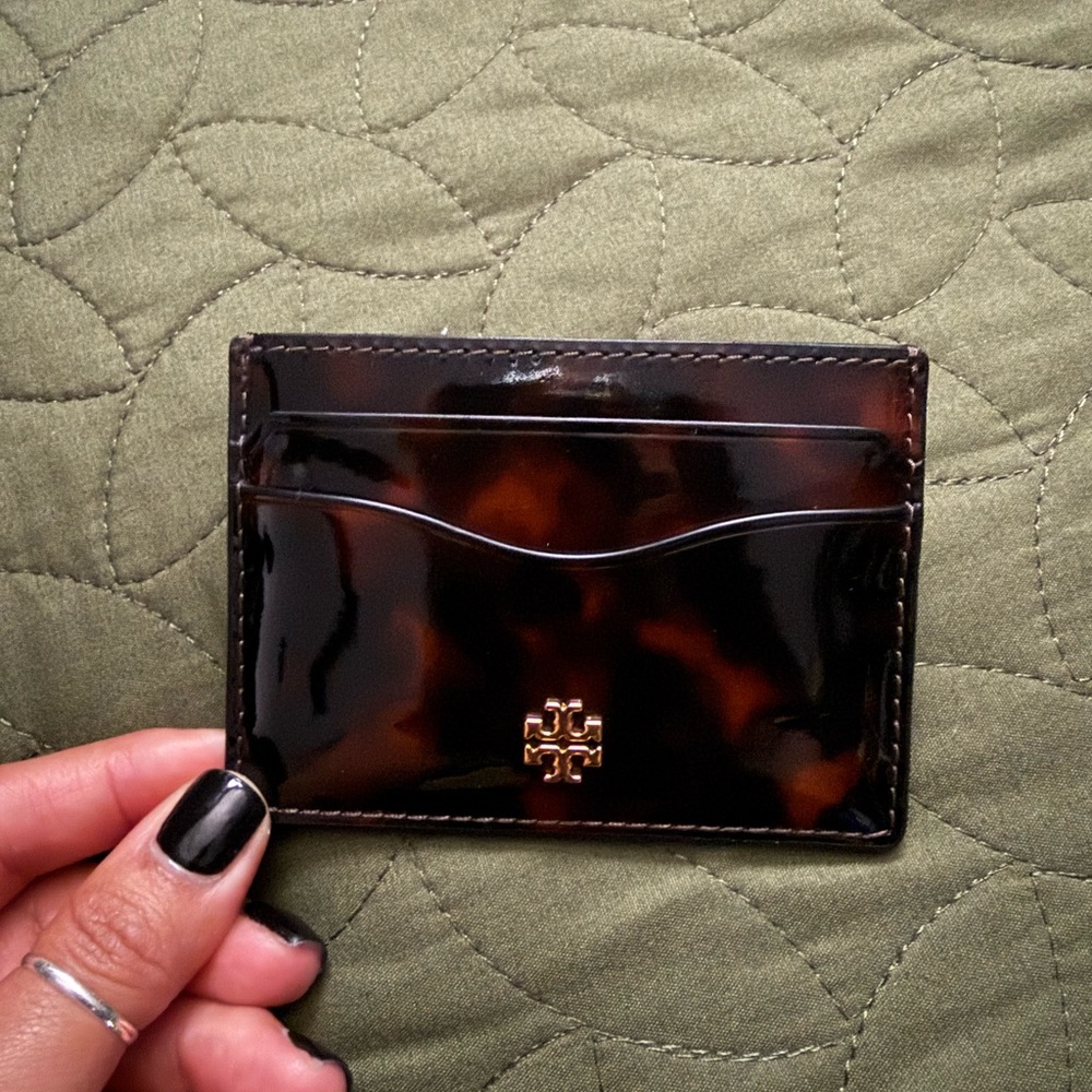 Tory Burch Tortoiseshell Patent Card Case with Gold Logo